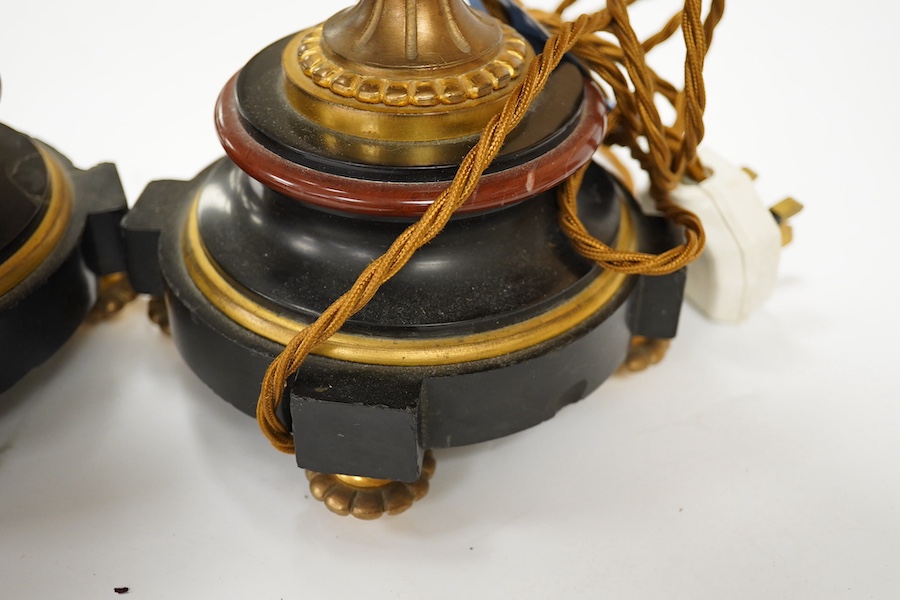 A pair of ormolu, rouge and black marble table lamps, 42cm including fitting. Condition - good